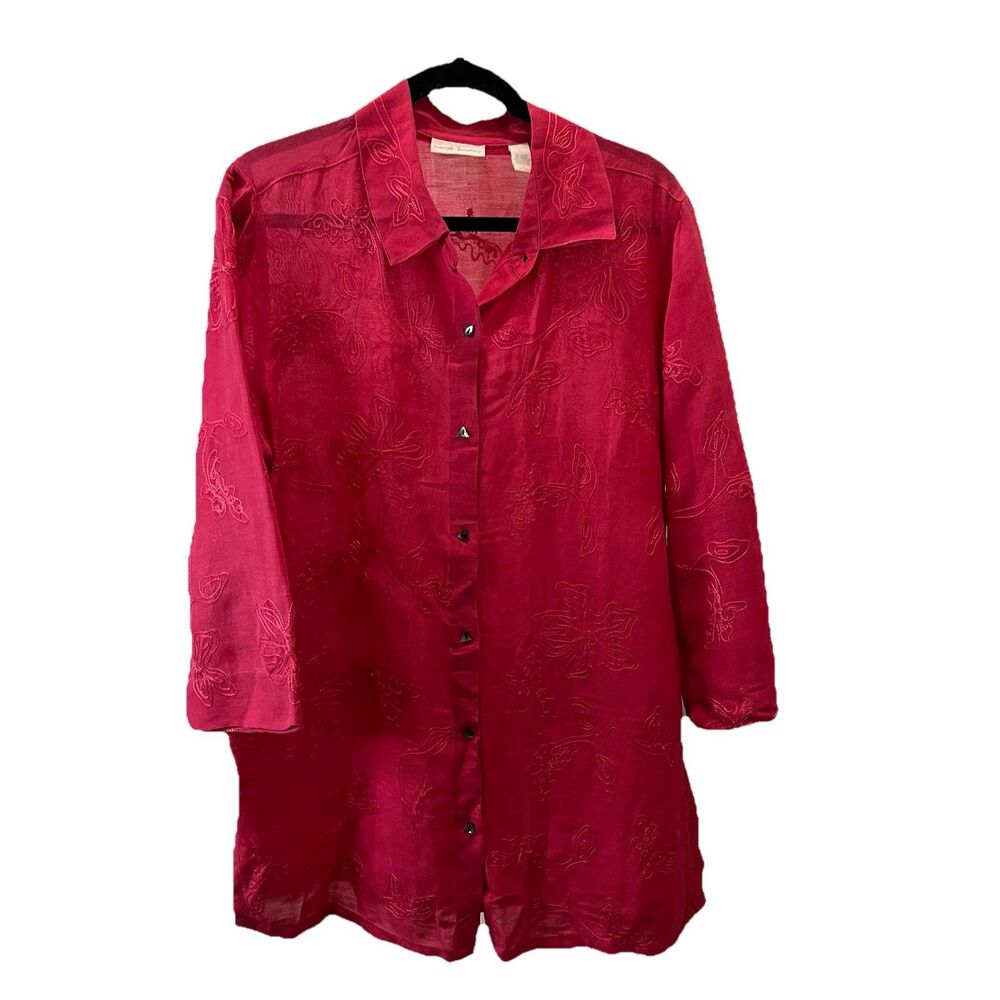 Marsh Landing Pink Floral Embroidered Linen Blend Button Up Top Womens Size L